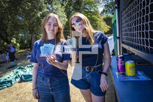 Picture by Peter Frankland. 22-08-26 Lions Club of Guernsey Donkey Derby 2026 at Saumarez Park. Caroline Carter and Sophie Lauder collect their winnings at the pay-out stall.