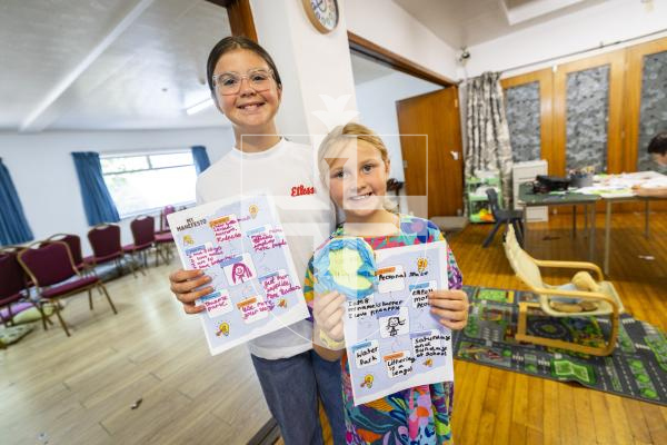 Picture by Sophie Rabey.  24-08-26.  Children from a holiday club at the Gremlin (RAFA) have been taking part in a theme called "future leaders, deputy for the day'' .  They created manifestos and voting badges as well as had the chance to talk to some local deputies.
Sisters L-R Phoebe Adkins (10) and Harper Adkins (8)
