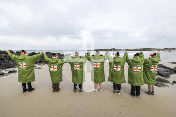 Picture by Sophie Rabey.  01-02-26.  The Bluetits swimming group are attending the Winter Swimming World Championship in Oulu, Finland at the start of March this year.  
L-R Marina Burr, Janine Le Cras, Yvonne Elliott, Luke Bihet, Lisa Lorier, Jackie Fallaize and Jayne Evans.