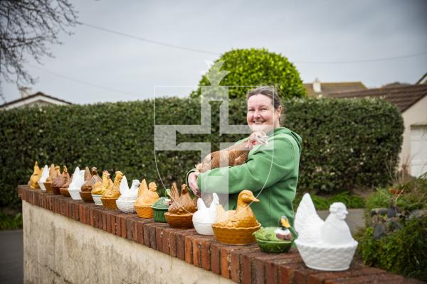 Picture by Sophie Rabey.  06-02-24.  Janet Unitt and her collection of chicken/duck crock pots.  She is holding one of her Turkeys, Nutmeg.