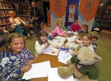 Pic by Tom Tardif 27-10-16.
Guille-Alles Library, Market Square, St Peter Port.
GP Ted - Design a Bookmark competition with the Guernsey Literary Festival.
Around the table L/R: Molly Robinson, 10, Holly Lavin, 5, Jamie Lavin, 4, Imala Bearder, 5, Solomon Bearder, 3, Savannah Collins, 9, Freya Renouf, 7, Harry Strappini, 6 and Lily Strappini, 9.