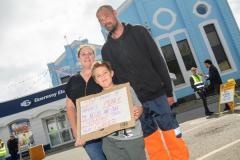 Pic supplied by Andrew Le Poidevin, 14-06-2025. Myles Duquemin organised a protest against the price increases of electricity in Guernsey. Axel De Carteret,7, had designed a poster with the help of his parents Lindsay and Deke.