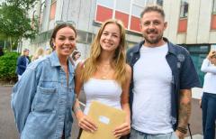 Photo by Andrew Le Poidevin, 21-08-2025. The 2025 GCSE Results collection at La Mare De Carteret High School. Shanine Le Vrier, Imijen Leale, Tom Leale.