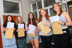 Photo by Andrew Le Poidevin, 21-08-2025. The 2025 GCSE Results collection at La Mare De Carteret High School. Esmee Vidamiur, Gisele Jones, Amelie May Jehan, Hollie Archenoul, Sian Craig.