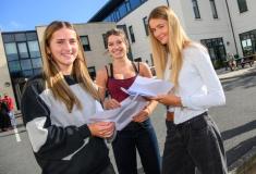 Photo by Andrew Le Poidevin, 21-08-2025. The 2025 GCSE Results collection at Ladies' College. Sophie Elliot, Izzi Legge, Isabella Blackwell.