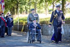 Picture by Peter Frankland. 28-09-25 HMS Charybdis and HMS Limbourne memorial service at Le Foulon Cemetery. The parade arrives. John Eskdale, a Royal Marine who was aboard HMS Charybdis when she was sunk by German torpedoes on October 23, 1943.