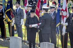 Picture by Peter Frankland. 28-09-25 HMS Charybdis and HMS Limbourne memorial service at Le Foulon Cemetery. Deputy Bailiff Jessica Roland.