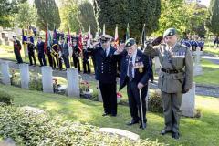 Picture by Peter Frankland. 28-09-25 HMS Charybdis and HMS Limbourne memorial service at Le Foulon Cemetery. L-R - Lt Tony Browning of Guernsey Sea Cadets, John Eskdale, a Royal Marine who was aboard HMS Charybdis when she was sunk by German torpedoes on October 23, 1943 and Major Chris Kedward.