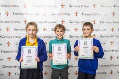 Picture by Peter Frankland.  18-06-24.  Guernsey Press Design An Ad 2024 at St Pierre Park.  
Karting Guernsey - Sponsor, N/A, Students L-R Amelia Hughes (3rd), Solomon Bearder (2nd), Noah Smith (1st).