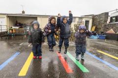 Picture by Sophie Rabey.  29-01-25.  Butterflies Preschool were allocated some funding from the Health Improvement Commission to add some design and colour to the playground.
Children enjoying the new playground markings L-R Joel Batiste (4), Emily Fernandez (3), Amiyiah Juma (4) and Kalani Tucker (4).