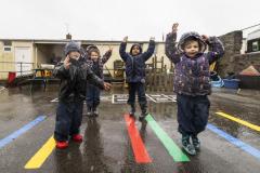 Picture by Sophie Rabey.  29-01-25.  Butterflies Preschool were allocated some funding from the Health Improvement Commission to add some design and colour to the playground.
Children enjoying the new playground markings L-R Joel Batiste (4), Emily Fernandez (3), Amiyiah Juma (4) and Kalani Tucker (4).