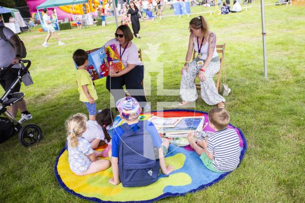 Picture by Sophie Rabey.  23-08-23.  First day of the North Show at Saumarez Park.
Caroline Torode from Guille-Alles Library reading stories to children.