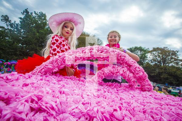 Picture By Peter Frankland. 24-08-23 North Show 2023 and Battle of Flowers. Barbie - Life In Plastic, It's Fantastic.- The Harris Family.  L-R - Felix Cumberland-Dodd, 12 and Anna Douglas, 10.