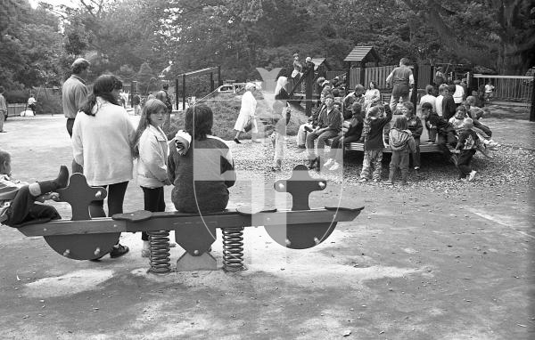 Picture by Guernsey Press.
Nostalgia Lookback feature.
10 Aug 1993. Neg number 2708/6/93.
Although hitches meant that the refurbished adventure playground at Saumarez Park was not ready for its scheduled opening, the board gave in and graciously brought the opening forward allowing dozens of children in.