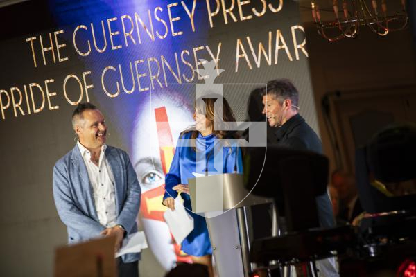 Picture by Sophie Rabey.  07-10-23.  Pride of Guernsey 2023 Awards at St Pierre Park.
Andy and Jo Priaulx with Carl Ward.