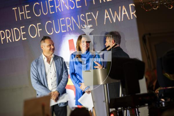 Picture by Sophie Rabey.  07-10-23.  Pride of Guernsey 2023 Awards at St Pierre Park.
Andy and Jo Priaulx with Carl Ward.
