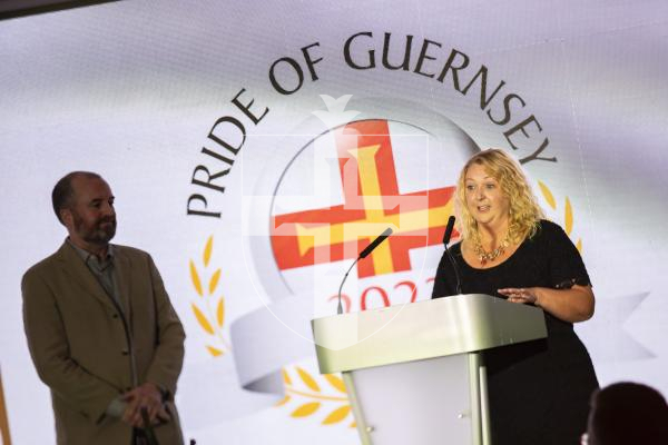 Picture by Sophie Rabey.  07-10-23.  Pride of Guernsey 2023 Awards at St Pierre Park.
Bailiwick Community Hero of the Year, sponsored by The Fort Group.   WINNER - Jim Phillips.
Sally Dawber (representing Jim Phillips) and Will Annan (Fort Group)