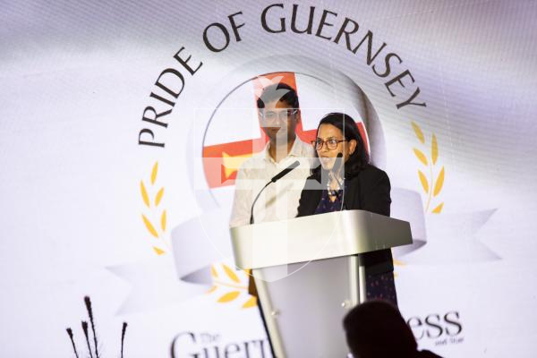 Picture by Sophie Rabey.  07-10-23.  Pride of Guernsey 2023 Awards at St Pierre Park.
Emergency Hero of the Year, sponsored by The Medical Specialist Group.   WINNER - Colby Bridgman (aged 6).
Dr Vani Ramalingam and Dr Gopi Rao (MSG).