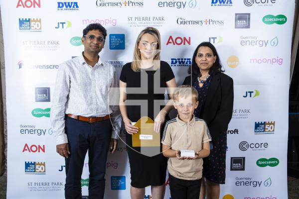 Picture by Peter Frankland. 07-10-23 Pride of Guernsey Awards 2023.  Emergency Hero: L-R - 
Dr Gopi Rao (MSG), Jess Payne (boys mother), Colby Bridgman (6 years old) and Dr Vani Ramalingam