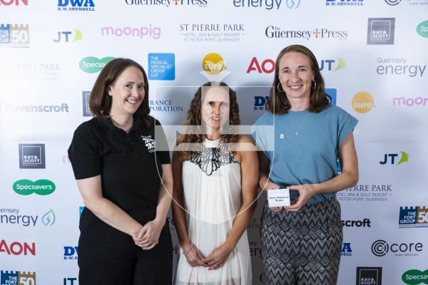 Picture by Peter Frankland. 07-10-23 Pride of Guernsey Awards 2023.  Sports Volunteer: L-R - 
Julia Bowditch (games director, black top), Lucienne De La Mare (Sure) and Kristin Dowling (volunteer manager)
