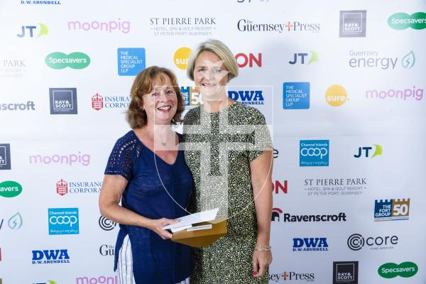 Picture by Peter Frankland. 07-10-23 Pride of Guernsey Awards 2023.  Overcoming Adversity: L-R - 
Mary Isabelle (representing Jacques Isabelle) and Jo Jalowiec (JT)
