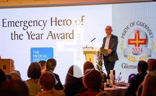 Pic supplied by Andrew Le Poidevin, 19-10-2024. The 2024 Guernsey Press Pride of Guernsey Awards night at St Pierre Park Hotel.
Emergency Hero of the Year Award sponsored by the Medical Specialist Group.
Presented by Steve Evans.