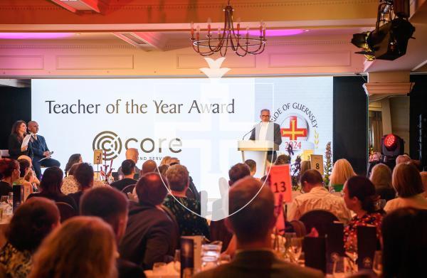 Pic supplied by Andrew Le Poidevin, 19-10-2024. The 2024 Guernsey Press Pride of Guernsey Awards night at St Pierre Park Hotel.
Teacher of the Year Award sponsored by Core Fund Services.
Presented by Martin Scott.