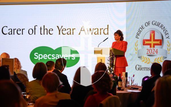 Pic supplied by Andrew Le Poidevin, 19-10-2024. The 2024 Guernsey Press Pride of Guernsey Awards night at St Pierre Park Hotel.
Carer of the Year Award sponsored by Specsavers.
Presented by Jo Delbridge.