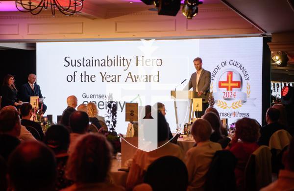 Pic supplied by Andrew Le Poidevin, 19-10-2024. The 2024 Guernsey Press Pride of Guernsey Awards night at St Pierre Park Hotel.
Sustainability Hero of the Year Award sponsored by Guernsey Energy.
Presented by Alex Parslow.