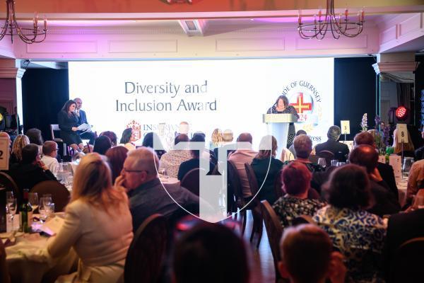 Pic supplied by Andrew Le Poidevin, 19-10-2024. The 2024 Guernsey Press Pride of Guernsey Awards night at St Pierre Park Hotel.
Diversity & Inclusion Award sponsored by Guernsey Energy.
Presented by Michelle Steele.