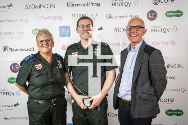 Picture by Sophie Rabey.  19-10-24.  Guernsey Press Pride of Guernsey Awards 2024 at St Pierre Park.
Emergency Hero of the Year sponsored by the Medical Specialist Group.  L-R Nic Strong and Ben Barling from Ambulance & Rescue (Winner) and Steve Evans (Sponsor)