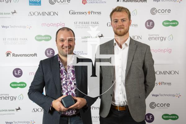 Picture by Sophie Rabey.  19-10-24.  Guernsey Press Pride of Guernsey Awards 2024 at St Pierre Park.
Sustainability Hero of the Year sponsored by Guernsey Energy.  L-R Will Harford-Fox (Winner) and Alex Parslow (Sponsor).