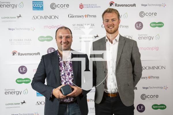 Picture by Sophie Rabey.  19-10-24.  Guernsey Press Pride of Guernsey Awards 2024 at St Pierre Park.
Sustainability Hero of the Year sponsored by Guernsey Energy.  L-R Will Harford-Fox (Winner) and Alex Parslow (Sponsor).