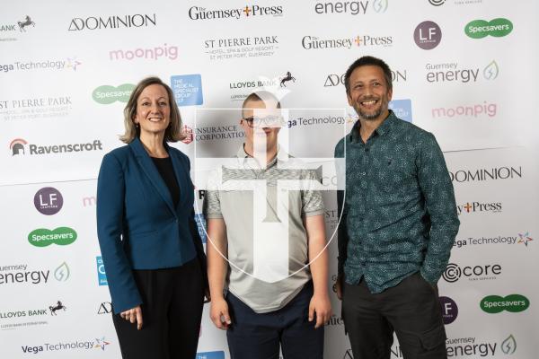 Picture by Sophie Rabey.  19-10-24.  Guernsey Press Pride of Guernsey Awards 2024 at St Pierre Park.
Young Achiever of the Year sponsored by St Pierre Park Hotel, Spa and Golf Resort.  L-R Elizabeth Raine (Sponsor) and Blake Le Ber (winner) and Chris Harvey.