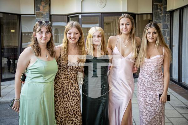 Picture by Sophie Rabey.  24-05-24.  Grammar School Sixth Form Prom 2024 at St Pierre Park.
L-R Lexie Le Poidevin, Kristen Le Ray, Emily Pike, Mya Colley and Izzy Marsh (all 18).