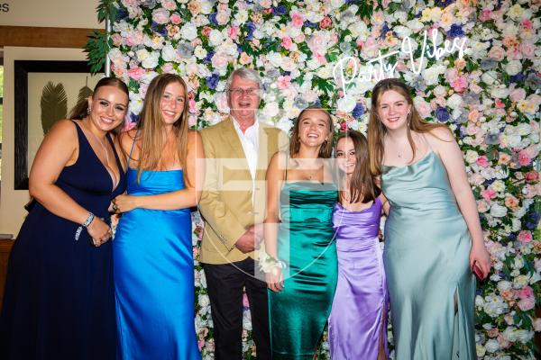 Picture by Luke Le Prevost. 29-06-23.Grammar School Yr 11 Prom 2023 at The Farmhouse. L-R Anna Bailey, 16, McKenzie Rich, 16, Mr Paul Stone, Frankie Savident, 16, Aimee Lilley, 16, and Abi Langlois, 16