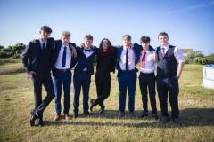 Picture By Peter Frankland. 06-07-23 St. Sampson's High Prom at Peninsula Hotel. L-R - Brad Le Noury, Charlie Le Lacheur, Liam Dunne, Lucien Help, Oakley Francart, Jameson Gallienne and Harry Le Maitre.