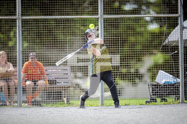 Picture by Peter Frankland. 10-08-24 Softball at Beau Sejour. All Division Knockout. Eagles Black (Black) v Pythons (Orange).