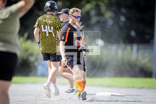 Picture by Peter Frankland. 10-08-24 Softball at Beau Sejour. All Division Knockout. Eagles Black (Black) v Pythons (Orange).