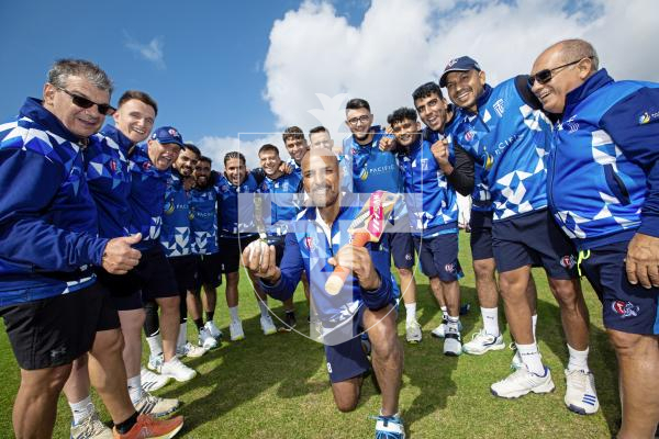 Picture by Peter Frankland. 20-08-24 The Mens T20 Cricket World Cup regional qualifiers  start tomorrow at KGV and Port Soif. Greece team with captain Aslam Mohammad centre.