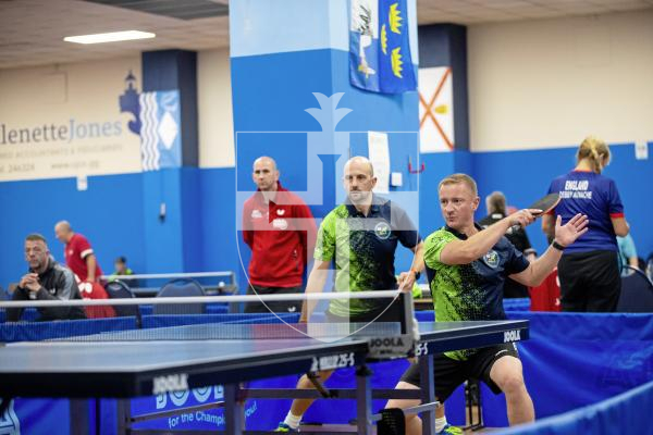 Picture by Peter Frankland. 13-09-24 Table Tennis - Veterans Home Nations 2024 Championships. L-R - Jamie Ferbrache and Steve Ozanne O40s v Scotland.