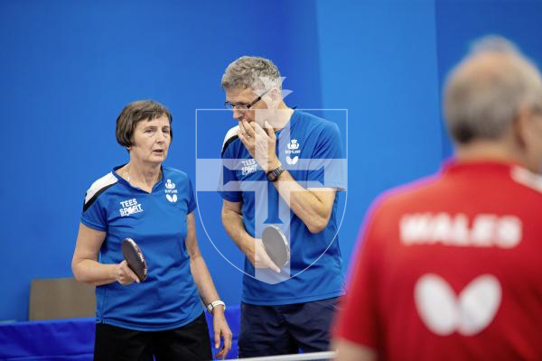 Picture by Peter Frankland. 13-09-24 Table Tennis - Veterans Home Nations 2024 Championships. Scotland players talking tactics.