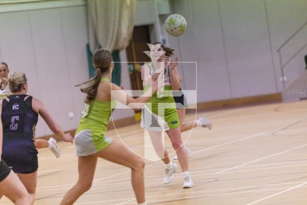 Picture by Sophie Rabey.  03-03-26.  Netball action at Les Varendes.  SNC Pula Blaze vs Lightning Storm.