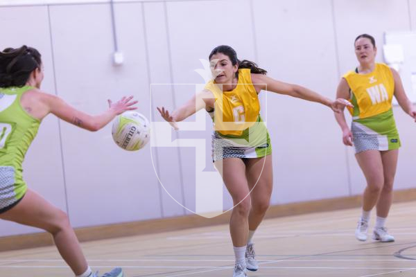 Picture by Peter Frankland. 10-03-26 Netball at Les Varendes. Lightning Strike v Lightning Flash.