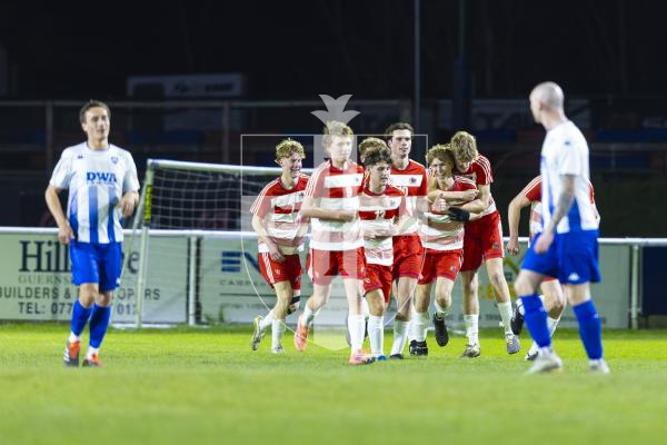 Picture by Peter Frankland. 17-03-26 Football at The Track. Bels v Elizabeth College in the FA Cup.