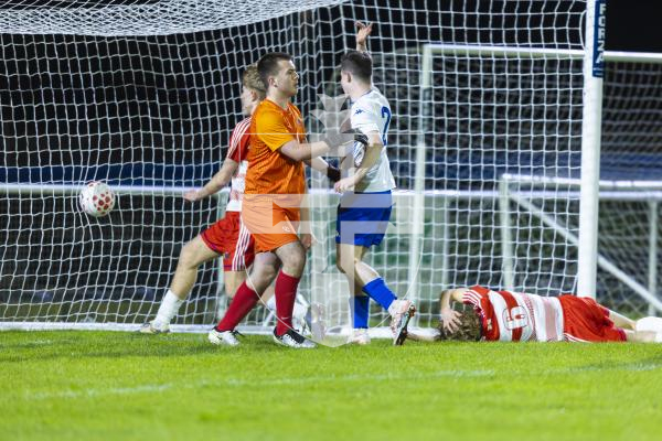 Picture by Peter Frankland. 17-03-26 Football at The Track. Bels v Elizabeth College in the FA Cup.