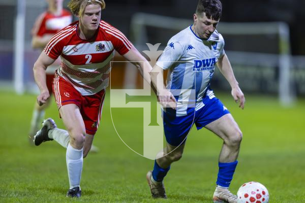 Picture by Peter Frankland. 17-03-26 Football at The Track. Bels v Elizabeth College in the FA Cup.