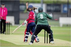 Claire Davies bowls Maria Da Rocha in the first over