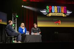 Picture by Sophie Rabey.  09-01-25.  Guernsey Sports Commission Sporting Achievment Awards 2024 at Beau Sejour.  Hosted by Nicky Will and awards presented by Deputy Bailiff Jessica Roland.
GP Tony Curr talking with Director of Netball Sally Carns and Rugby Development Officer Steve Melbourne.