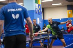 Picture by Peter Frankland. 13-09-24 Table Tennis - Veterans Home Nations 2024 Championships. L-R - Steve Ozanne and Jamie Ferbrache O40s v Scotland.